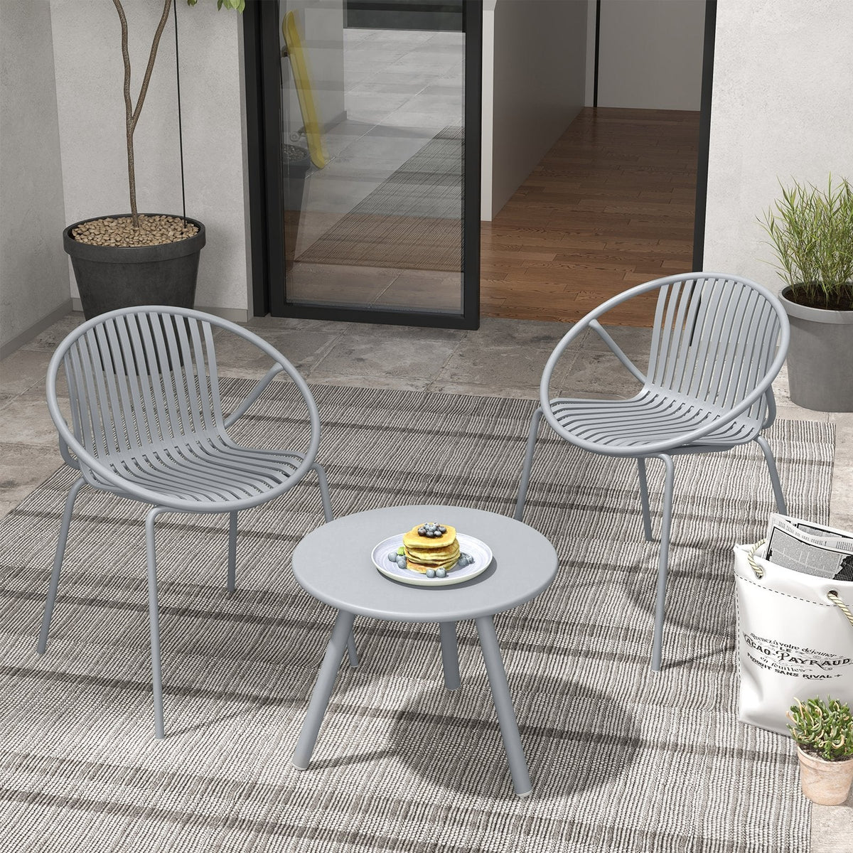 3 Piece Gray Resin Patio Conversation Set with 2 Round Back Chairs and Round Coffee Table