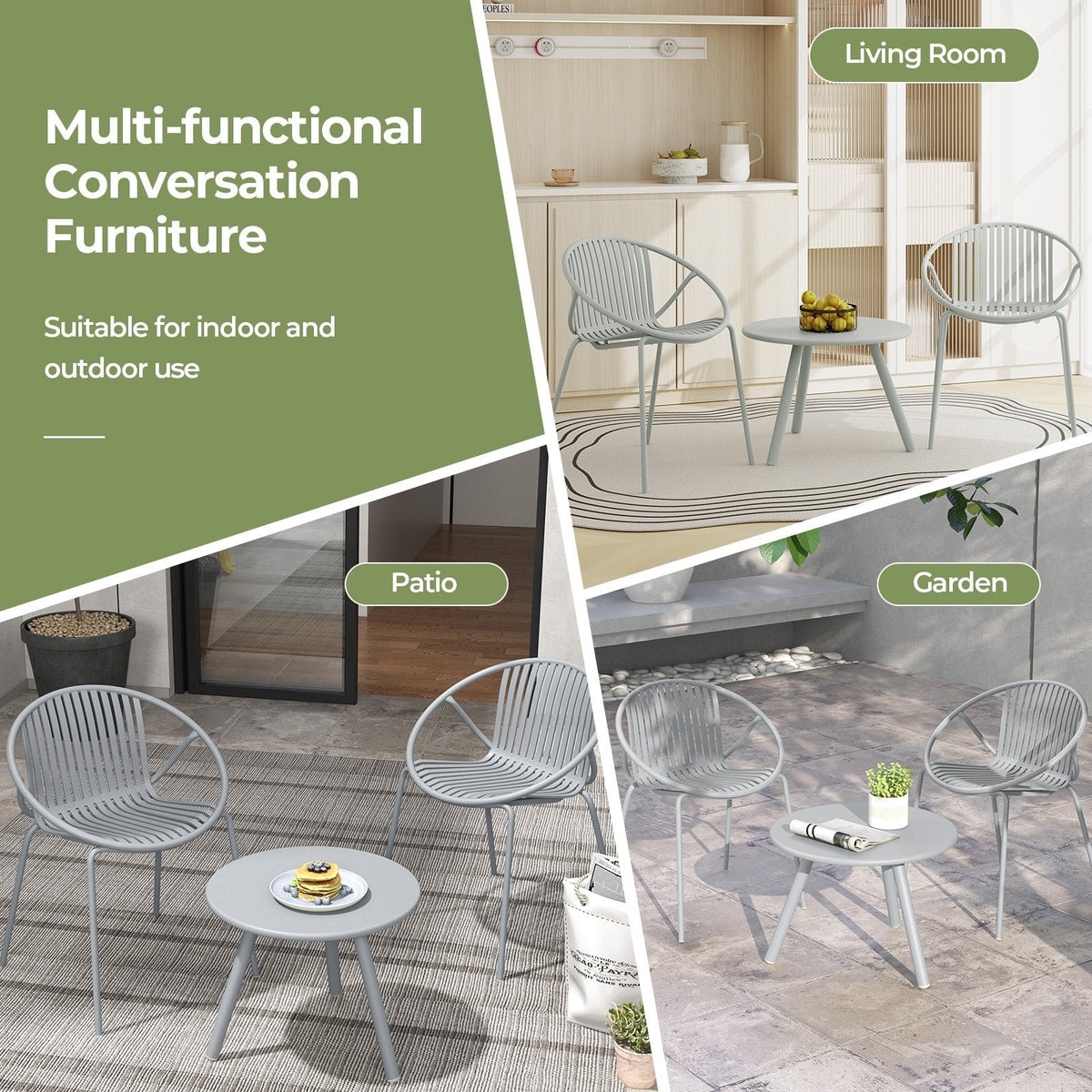 3 Piece Gray Resin Patio Conversation Set with 2 Round Back Chairs and Round Coffee Table
