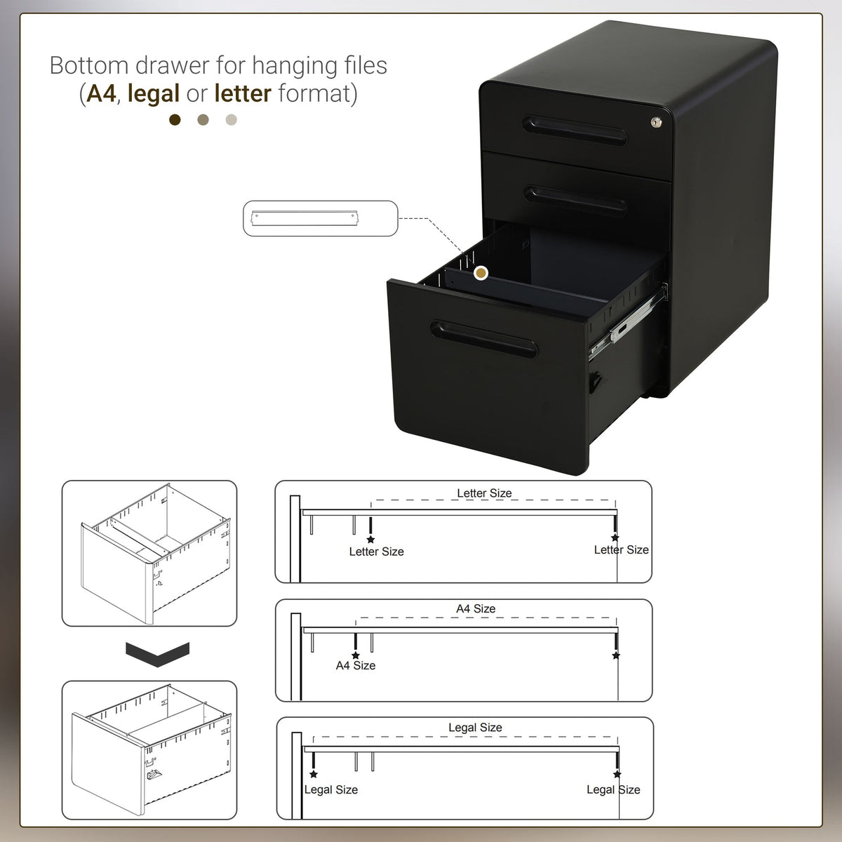Lockable File Cabinet, Steel Filing Cabinet on Wheels for Legal, A4, Letter Size, Home Office