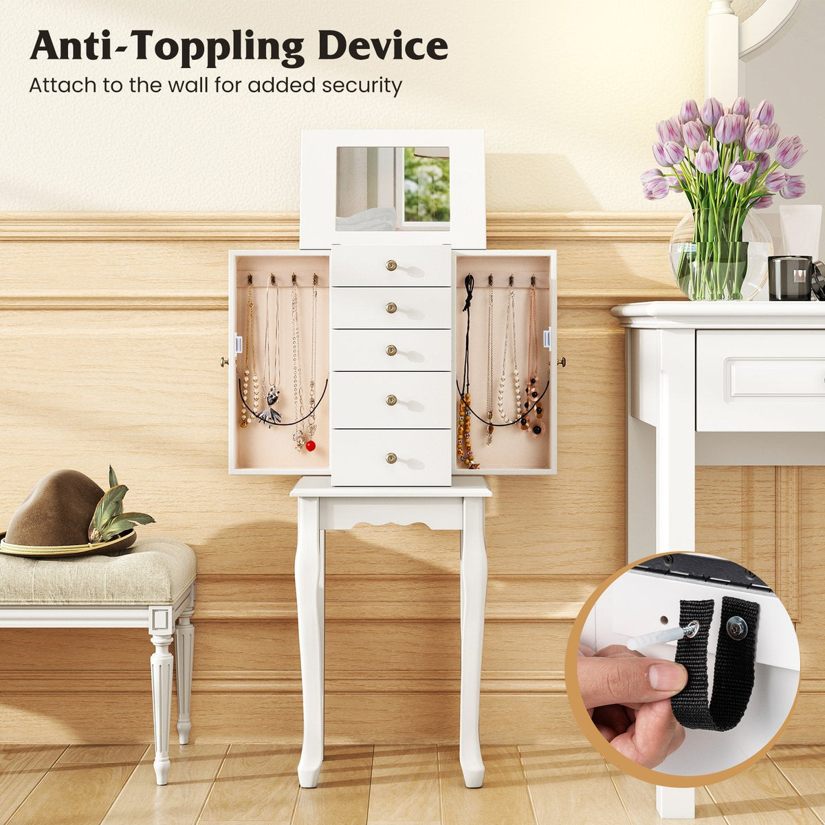 2 Colors Armoire Storage Standing Jewelry Cabinet with Mirror-White