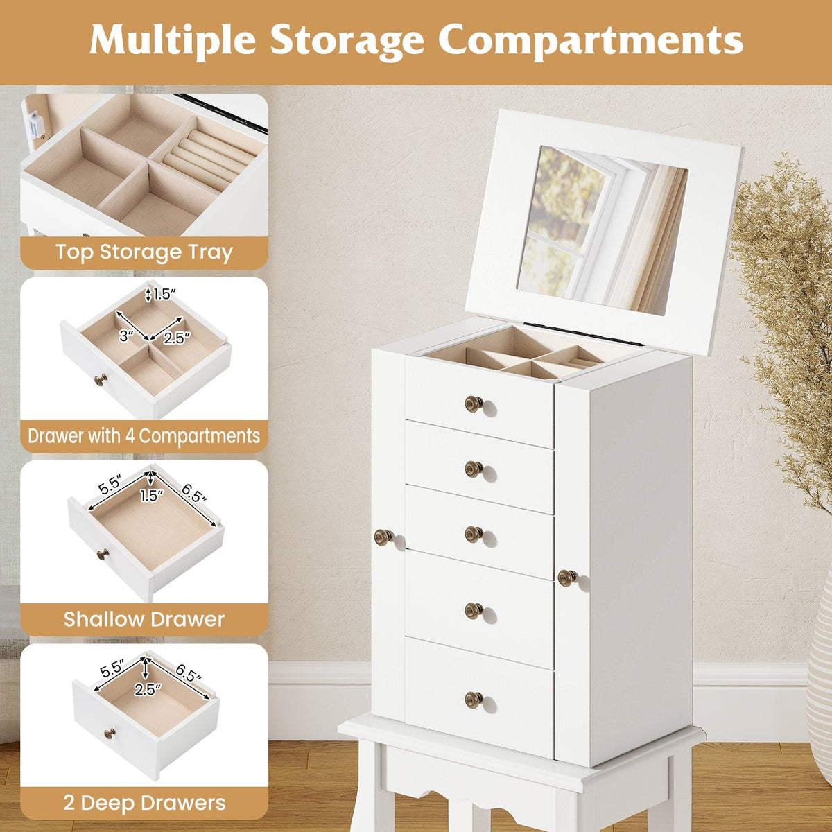 2 Colors Armoire Storage Standing Jewelry Cabinet with Mirror-White