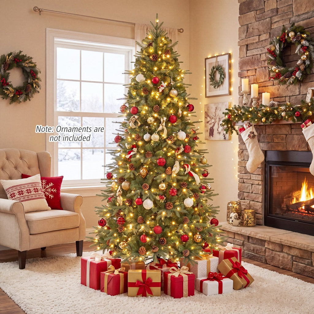 7 FT Pre-Lit Christmas Tree with 925 Tips, 61 Natural Pine Cones and 460 Warm White LEDs