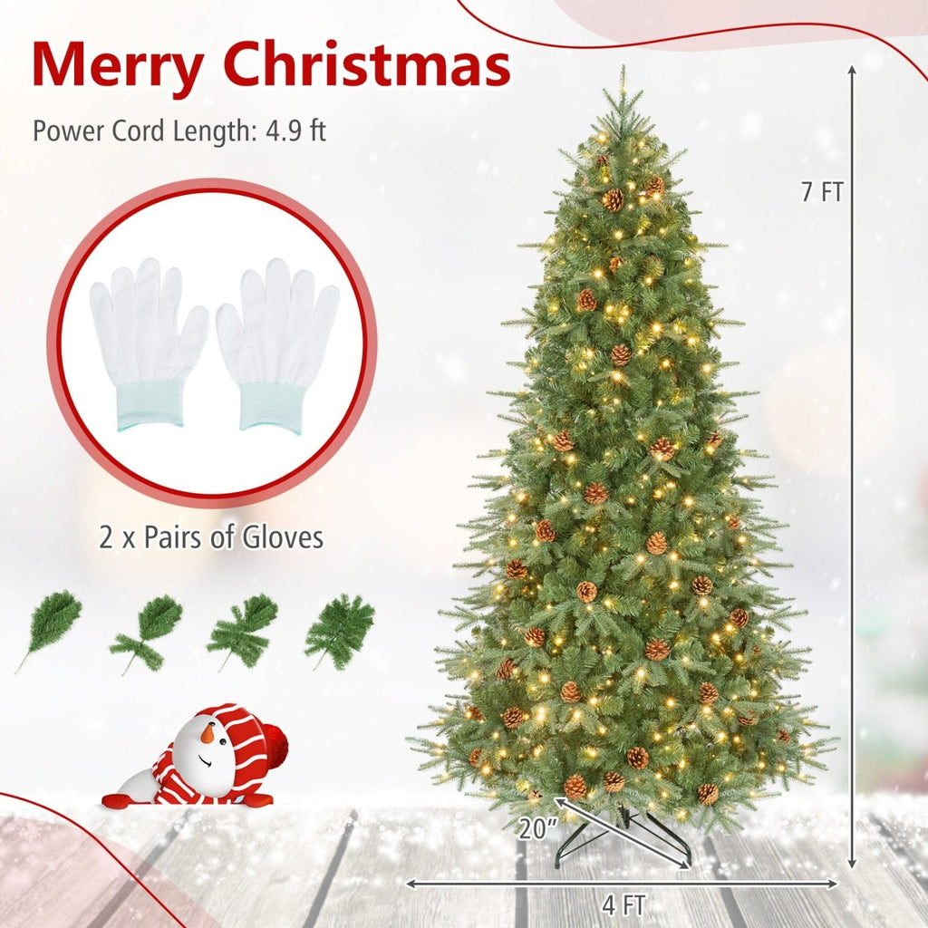 7 FT Pre-Lit Christmas Tree with 925 Tips, 61 Natural Pine Cones and 460 Warm White LEDs