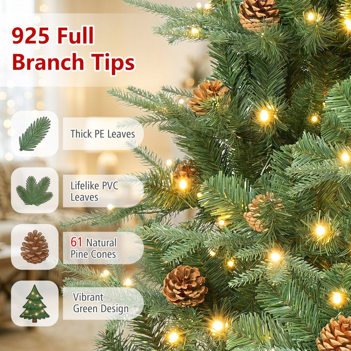 7 FT Pre-Lit Christmas Tree with 925 Tips, 61 Natural Pine Cones and 460 Warm White LEDs