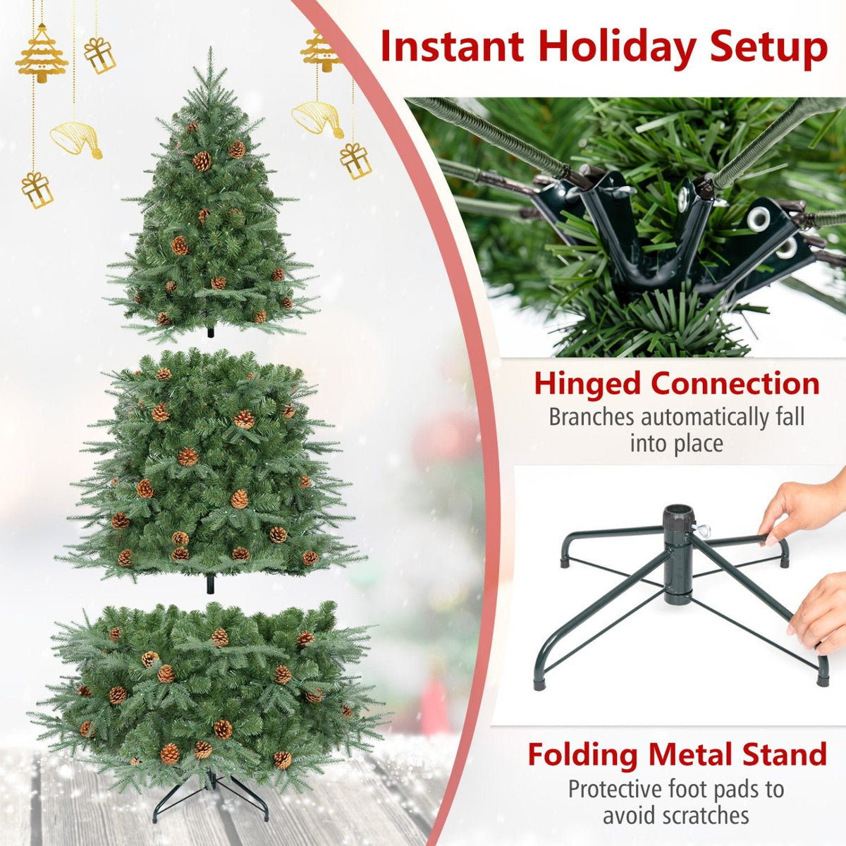 7 FT Pre-Lit Christmas Tree with 925 Tips, 61 Natural Pine Cones and 460 Warm White LEDs