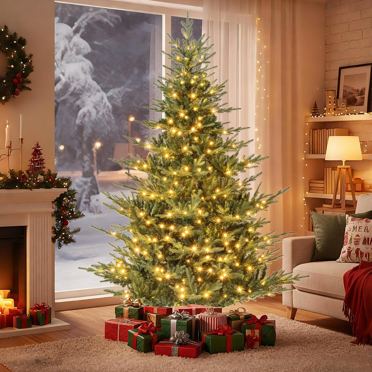 7 FT Pre-Lit Layered Christmas Tree with 1102 PE and PVC Tips and 350 Warm White LEDs
