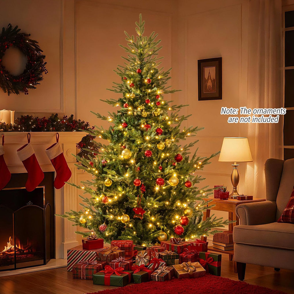 7 FT Pre-Lit Layered Christmas Tree with 1102 PE and PVC Tips and 350 Warm White LEDs