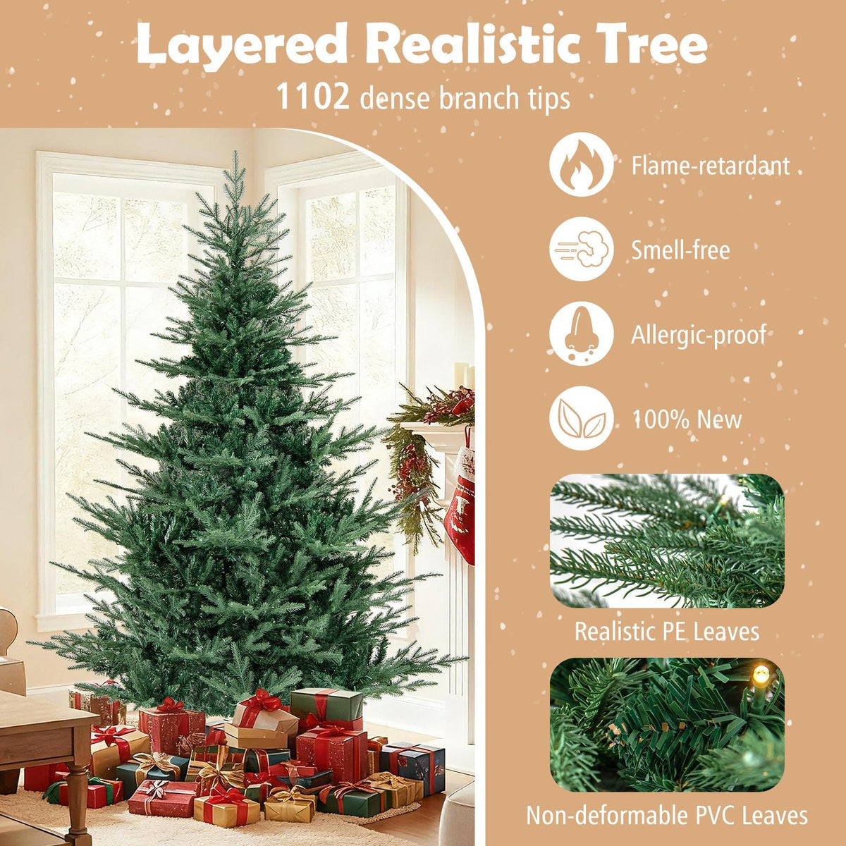7 FT Pre-Lit Layered Christmas Tree with 1102 PE and PVC Tips and 350 Warm White LEDs