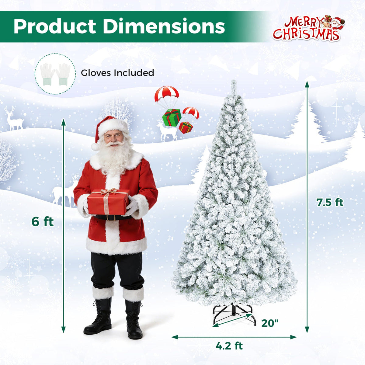 7.5 FT Snow Flocked Artificial Christmas Tree with 1010 Branch Tips and Four Sections