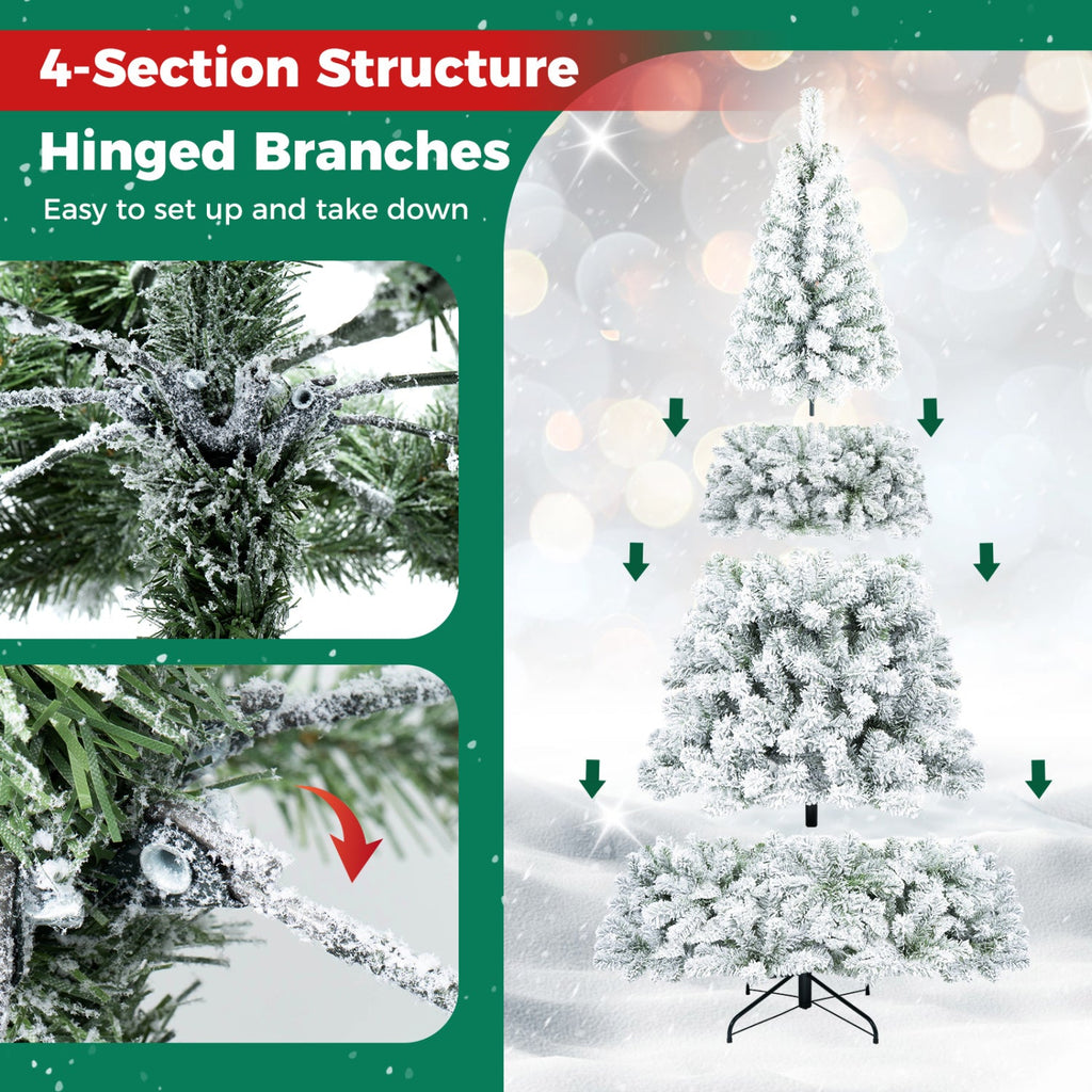 7.5 FT Snow Flocked Artificial Christmas Tree with 1010 Branch Tips and Four Sections