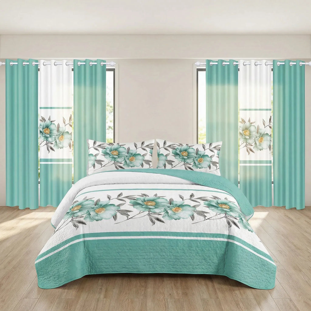 9-Piece Queen Quilted Bedspread & Curtain Set – Bedding Ensemble with Sheer Grommet Drapes (United States & Canada Delivery Only)