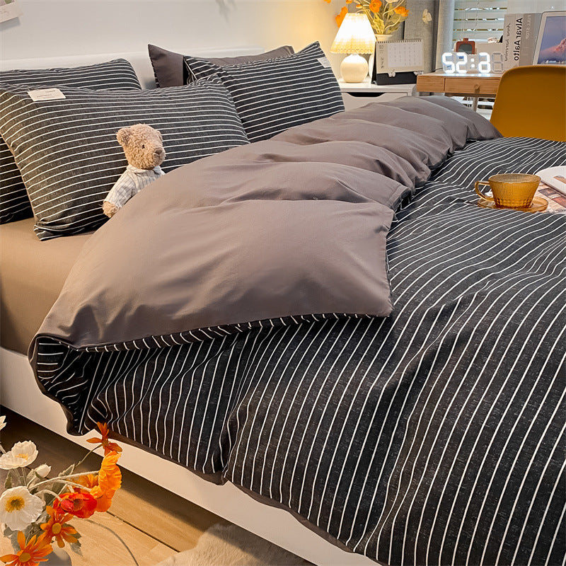 Pure Color Washed Cotton Plaid Striped Bedding Set