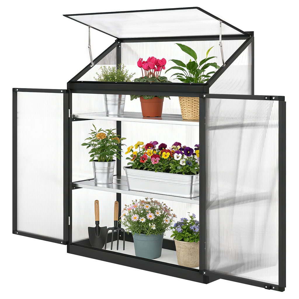Polycarbonate Greenhouse with 2-Tier Shelves Gardening Green House for Patio Garden, Black