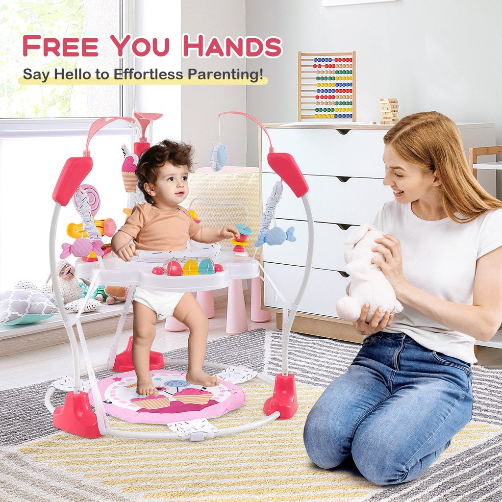 Baby Activity Center Height Adjustable Baby Bouncing Saucer with Interactive Toys-Pink