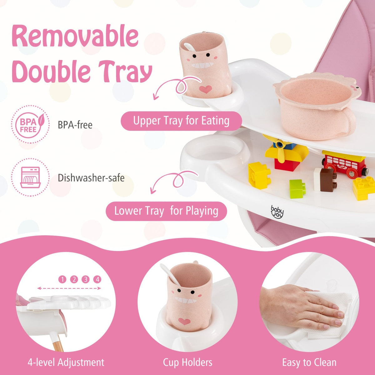 Baby High Chair with Dishwasher Safe Tray-Pink