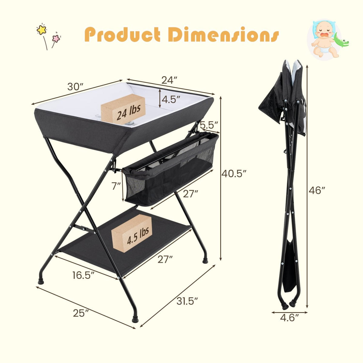 Baby Storage Folding Diaper Changing Table-Black