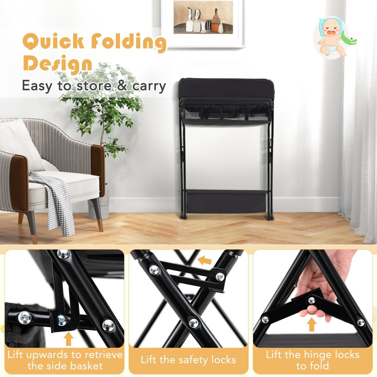 Baby Storage Folding Diaper Changing Table-Black