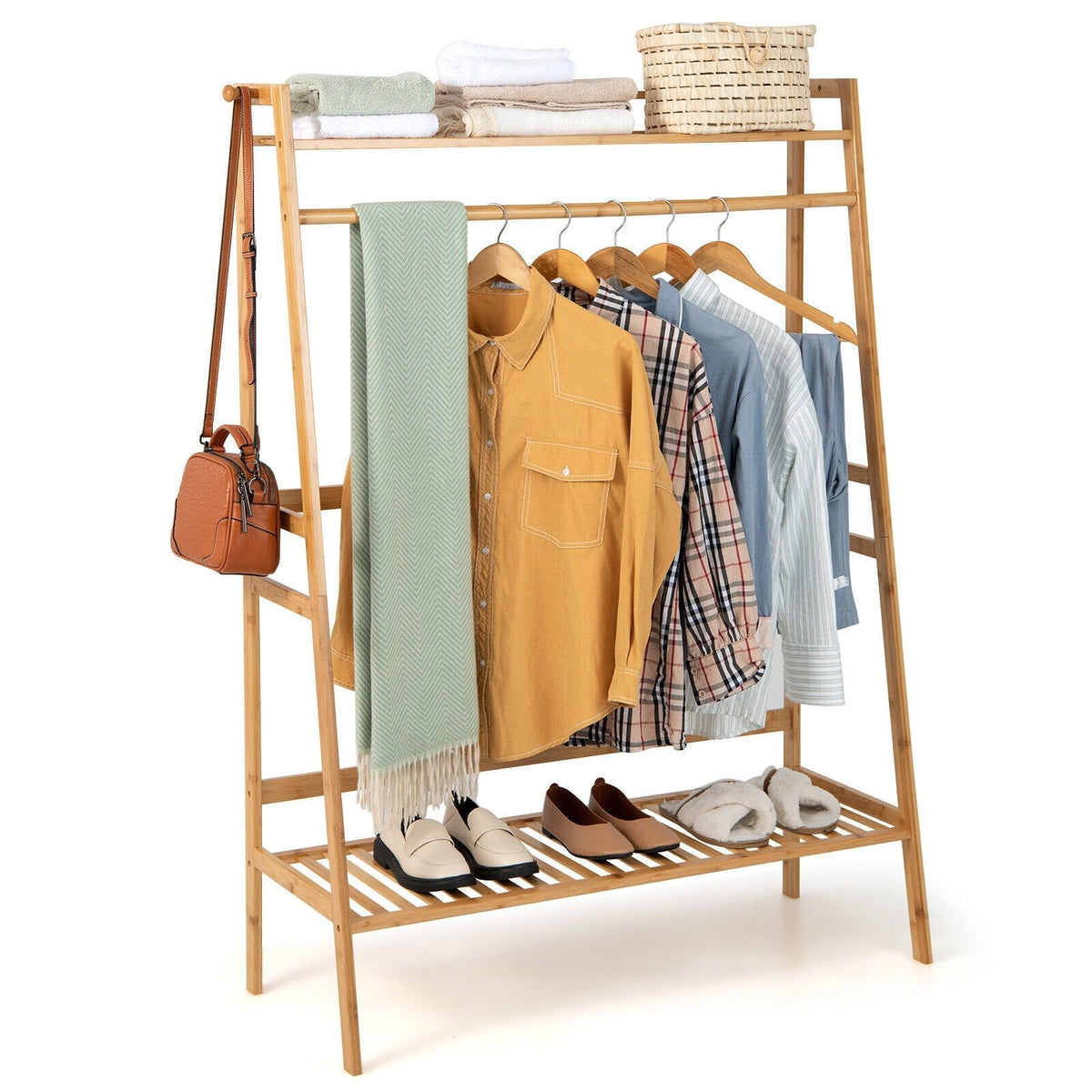 Bamboo Clothing Rack with Storage Shelves-Natural