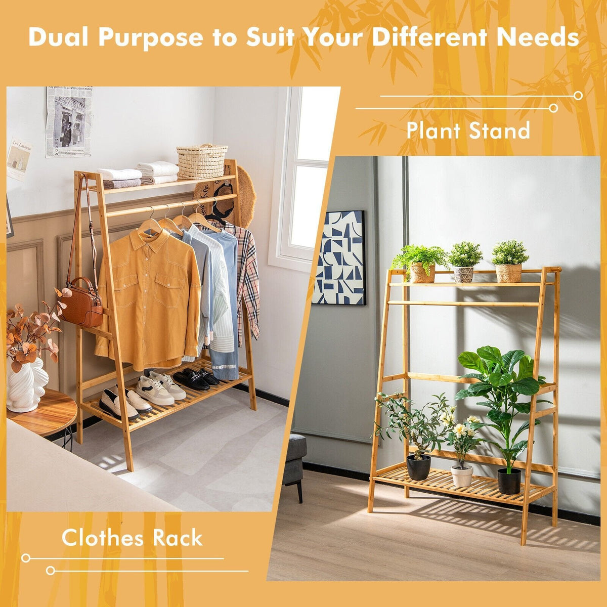 Bamboo Clothing Rack with Storage Shelves-Natural