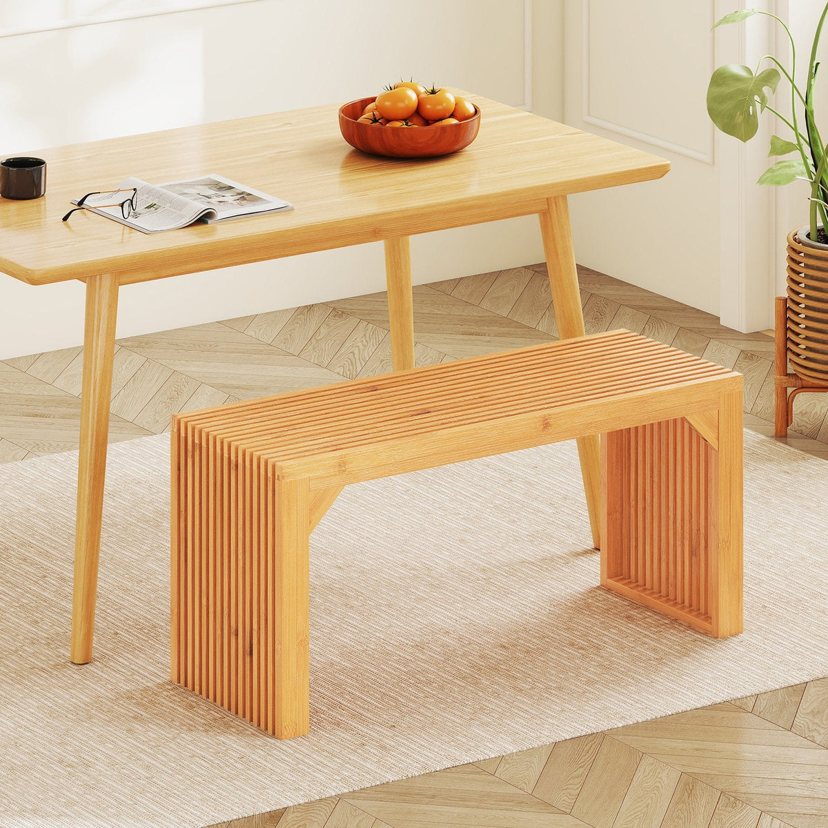 Bamboo Dining Bench Long Entryway Bench, Indoor Outdoor Solid Wood Bench-Natural