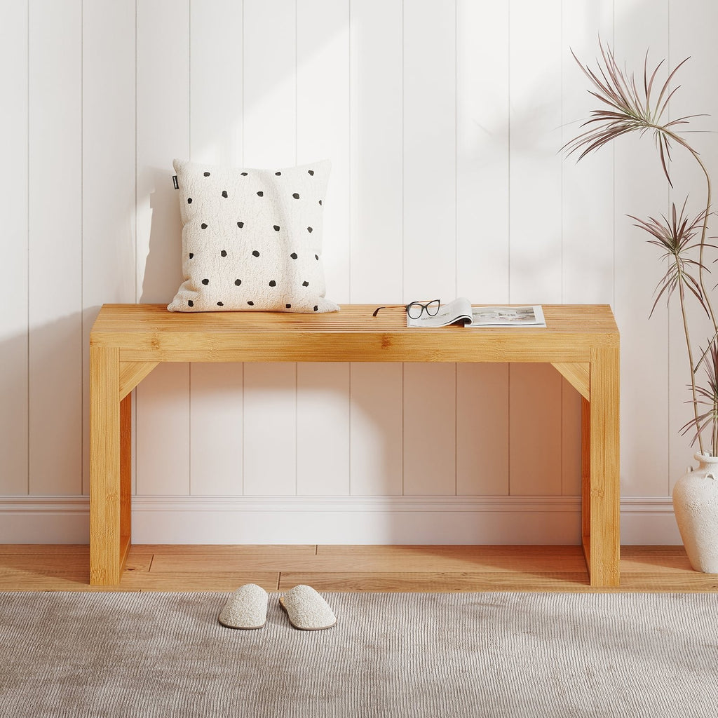Bamboo Dining Bench Long Entryway Bench, Indoor Outdoor Solid Wood Bench-Natural