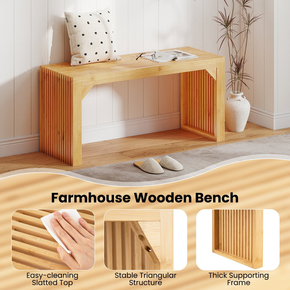 Bamboo Dining Bench Long Entryway Bench, Indoor Outdoor Solid Wood Bench-Natural