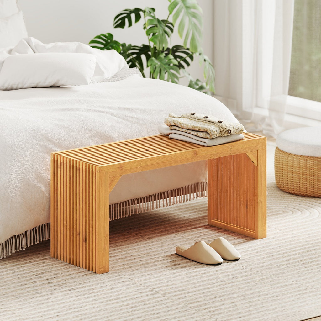 Bamboo Dining Bench Long Entryway Bench, Indoor Outdoor Solid Wood Bench-Natural