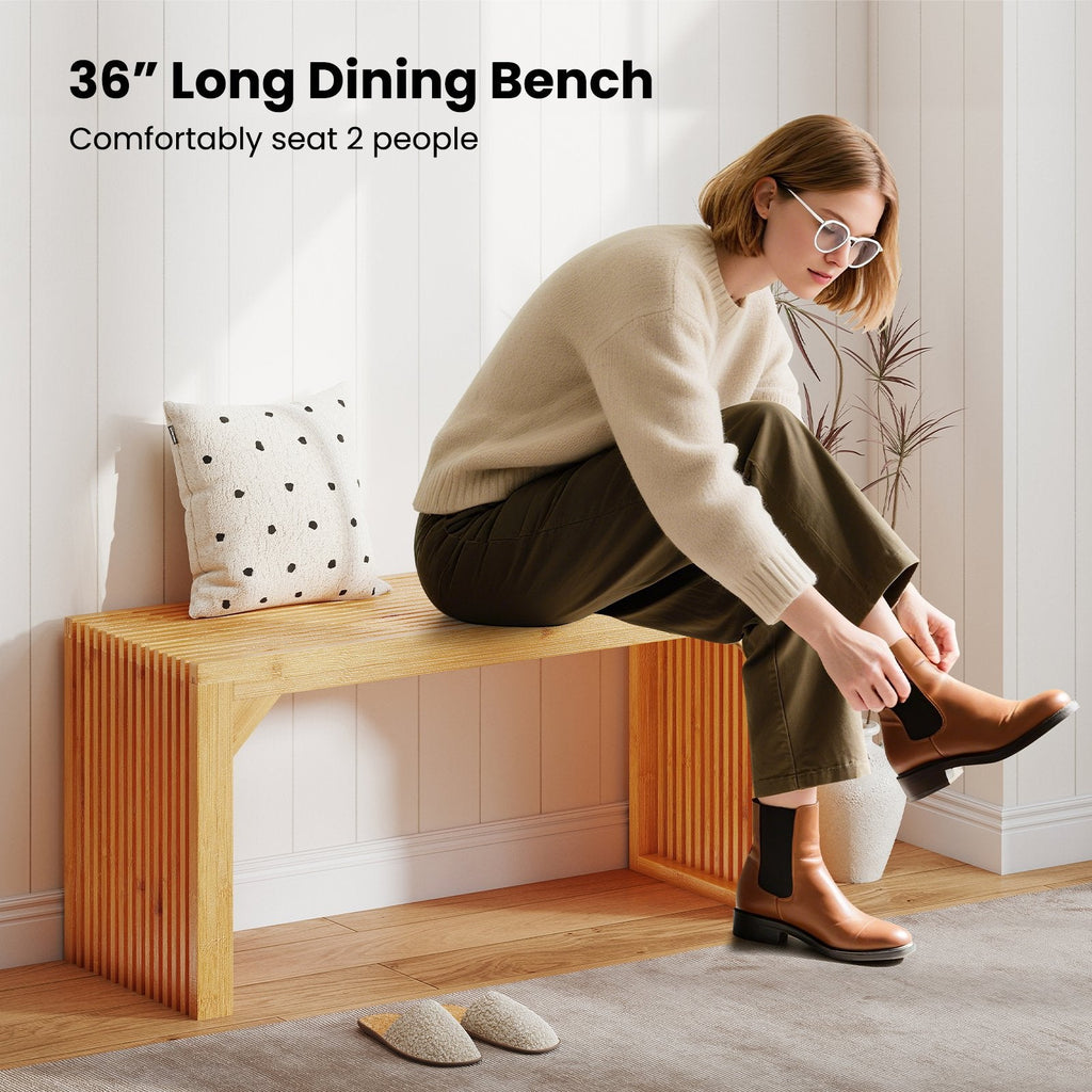 Bamboo Dining Bench Long Entryway Bench, Indoor Outdoor Solid Wood Bench-Natural