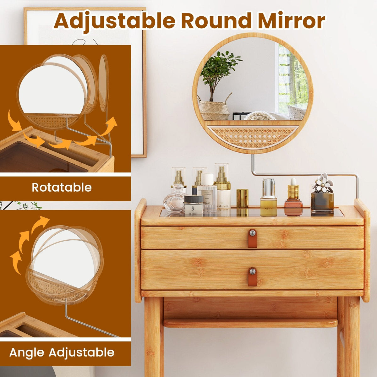 Bamboo Makeup Vanity Table with Mirror with 2 Storage Drawers-Natural