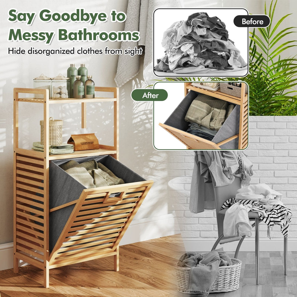 Bamboo Tilt out Laundry Hamper with Foldable and Removable Basket-Natural
