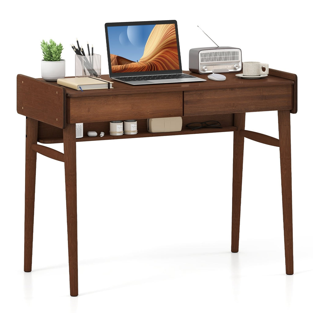 Bamboo Writing Desk with 2 Storage Drawers and Open Shelf-Walnut