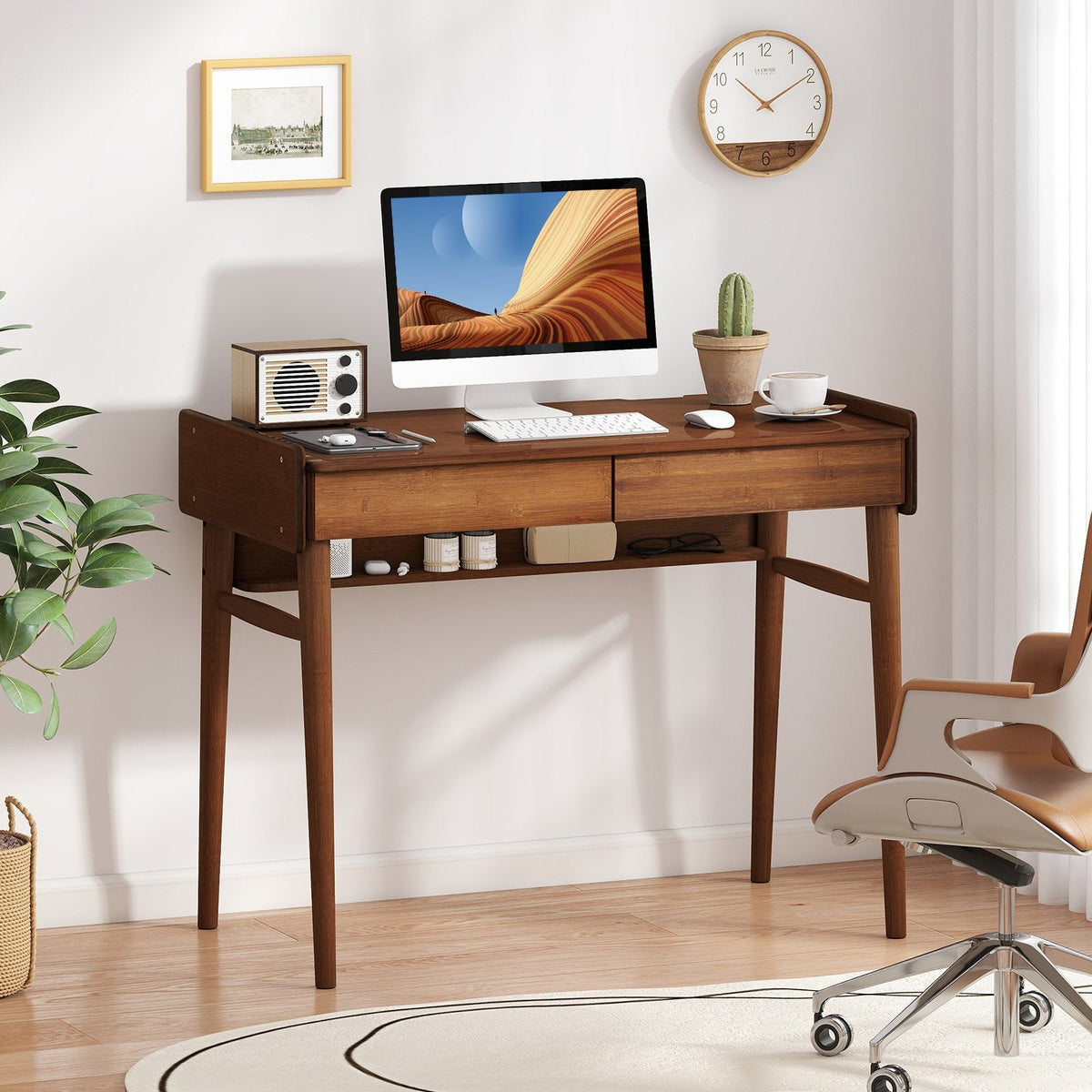 Bamboo Writing Desk with 2 Storage Drawers and Open Shelf-Walnut