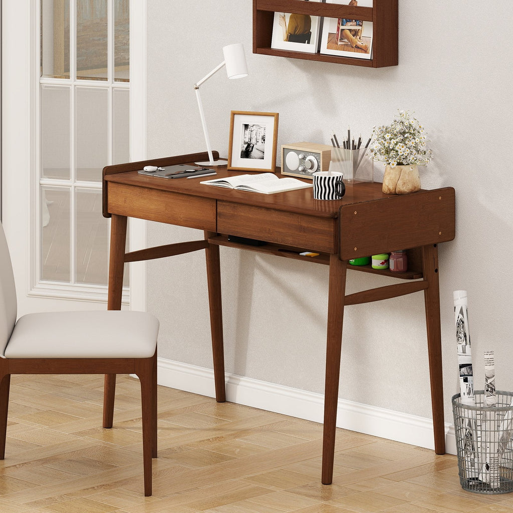 Bamboo Writing Desk with 2 Storage Drawers and Open Shelf-Walnut