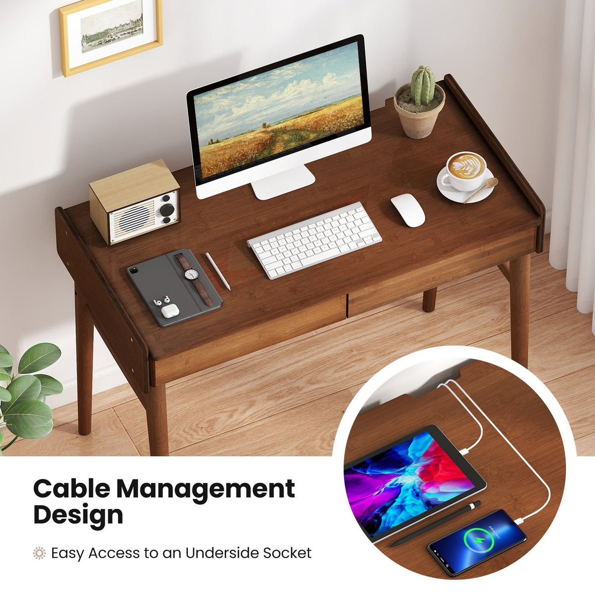 Bamboo Writing Desk with 2 Storage Drawers and Open Shelf-Walnut