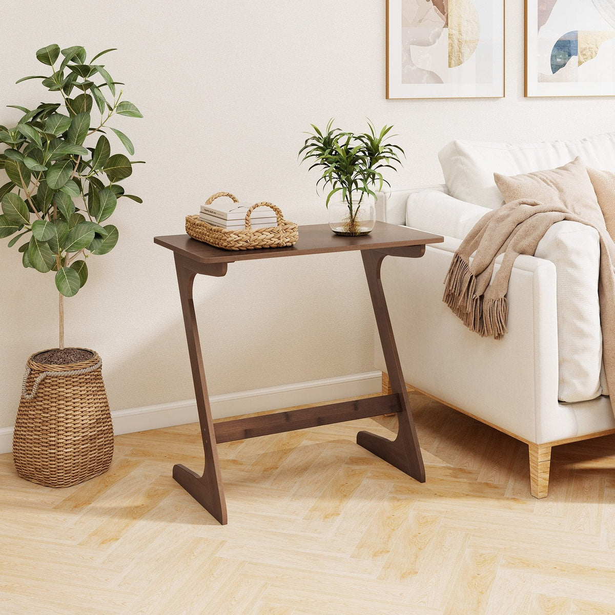 Bamboo Z Shaped Sofa Side Table with Spacious Top, Walnut Toned Finish