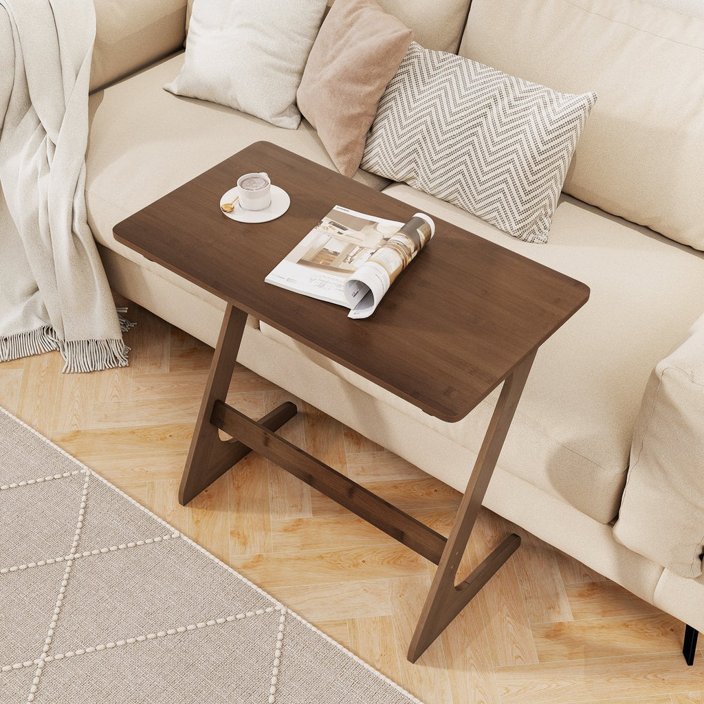 Bamboo Z Shaped Sofa Side Table with Spacious Top, Walnut Toned Finish