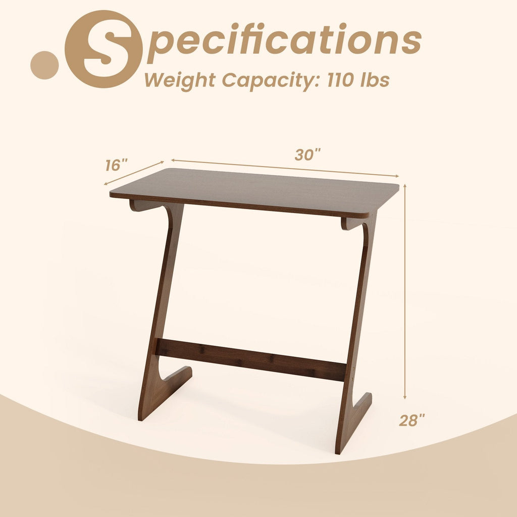 Bamboo Z Shaped Sofa Side Table with Spacious Top, Walnut Toned Finish