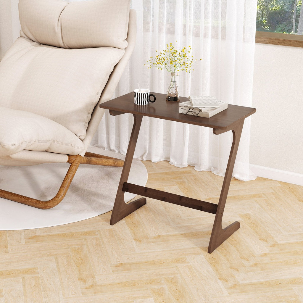Bamboo Z Shaped Sofa Side Table with Spacious Top, Walnut Toned Finish