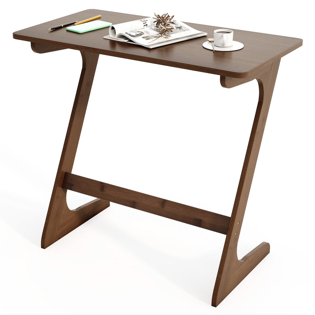 Bamboo Z Shaped Sofa Side Table with Spacious Top, Walnut Toned Finish