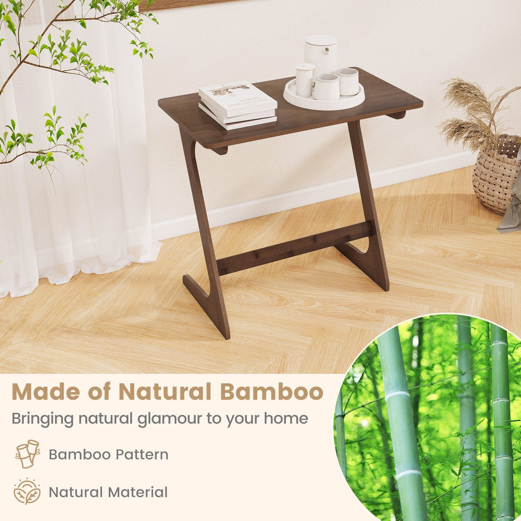 Bamboo Z Shaped Sofa Side Table with Spacious Top, Walnut Toned Finish