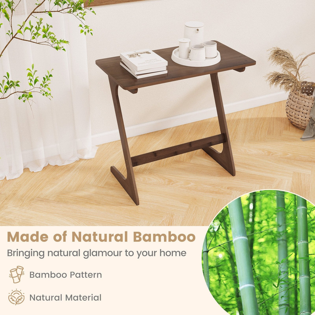Bamboo Z Shaped Sofa Side Table with Spacious Top, Walnut Toned Finish