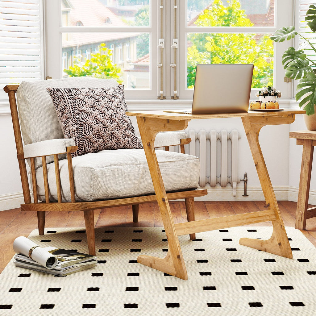 Bamboo Z-Shaped Spacious Sofa Side Table with Space-Saving Tabletop-Natural