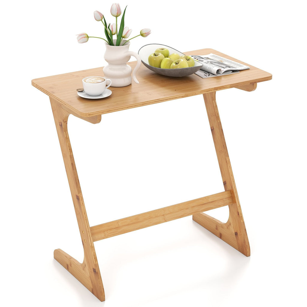 Bamboo Z-Shaped Spacious Sofa Side Table with Space-Saving Tabletop-Natural