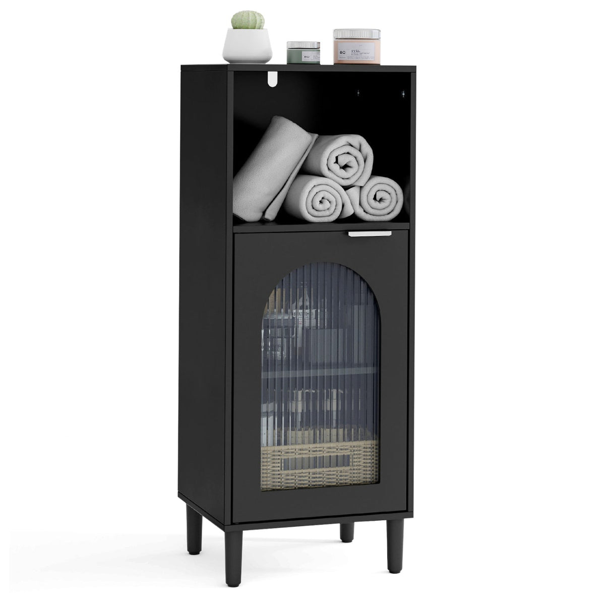 Bathroom Floor Cabinet Wood Side Storage Organizer with Adjustable Shelf-Black