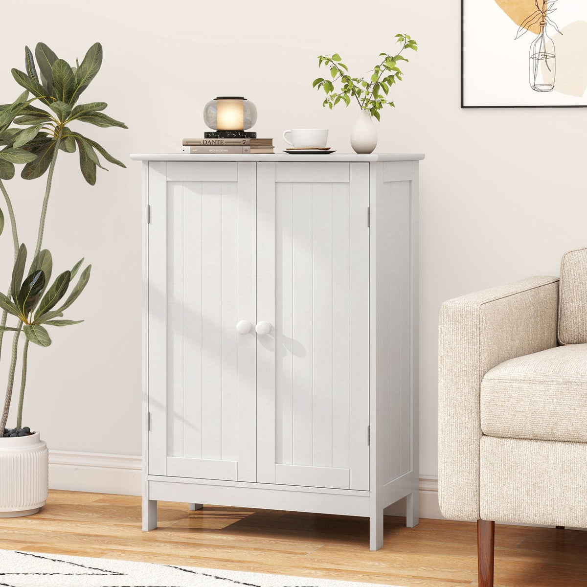 Bathroom Floor Storage Double Door Cupboard Cabinet-White