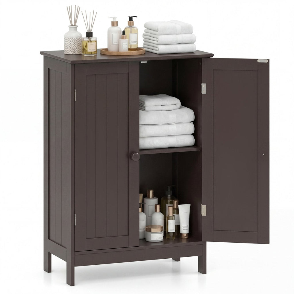 Bathroom Floor Storage Double Door Cupboard Cabinet-Brown
