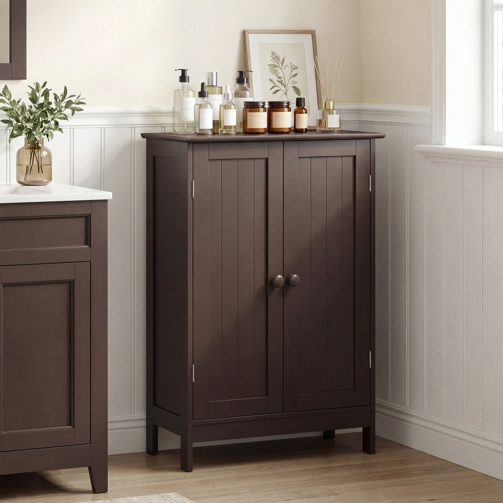 Bathroom Floor Storage Double Door Cupboard Cabinet-Brown