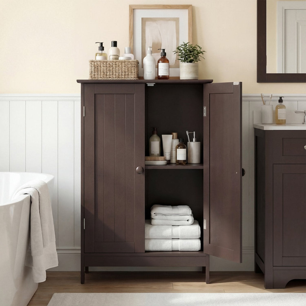 Bathroom Floor Storage Double Door Cupboard Cabinet-Brown