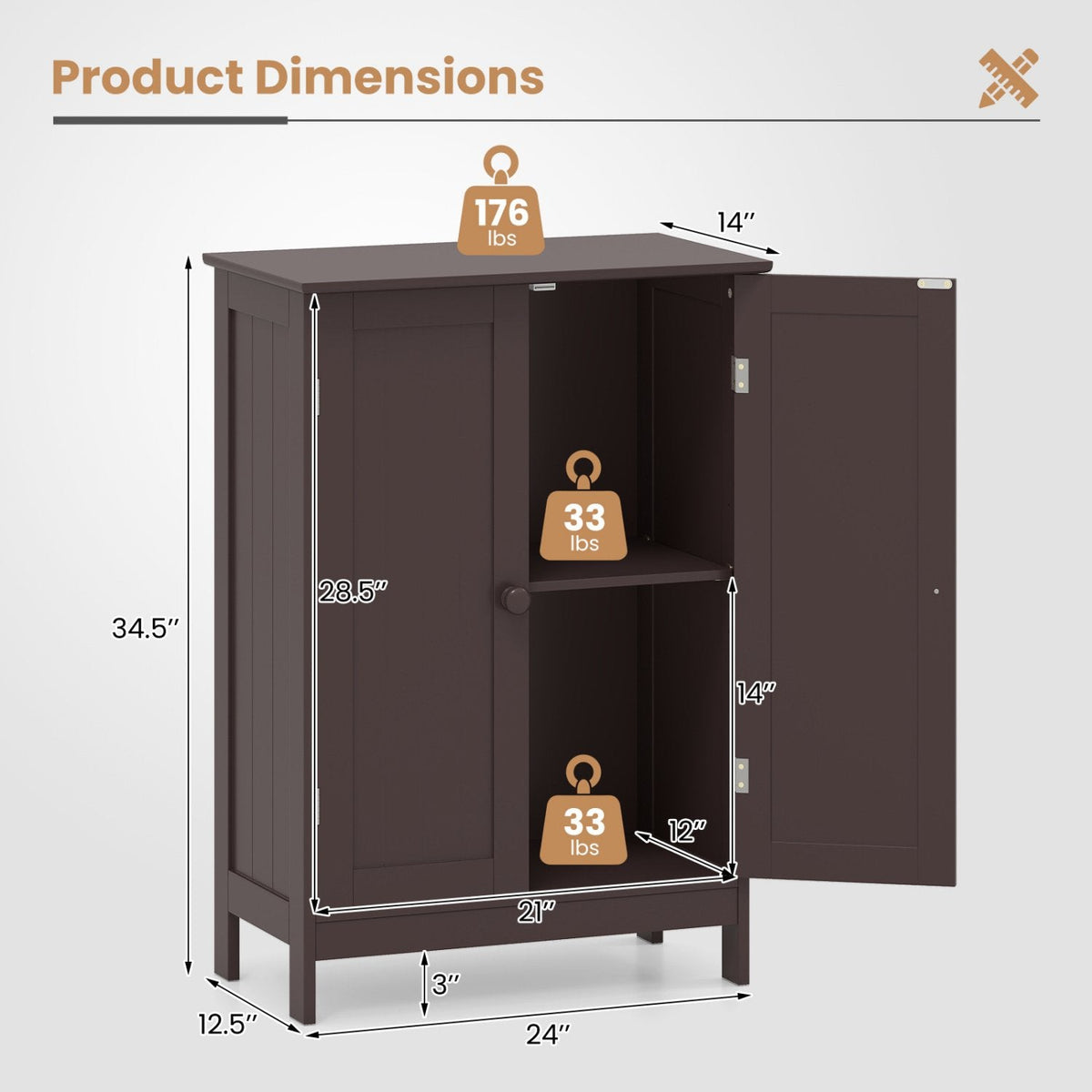 Bathroom Floor Storage Double Door Cupboard Cabinet-Brown