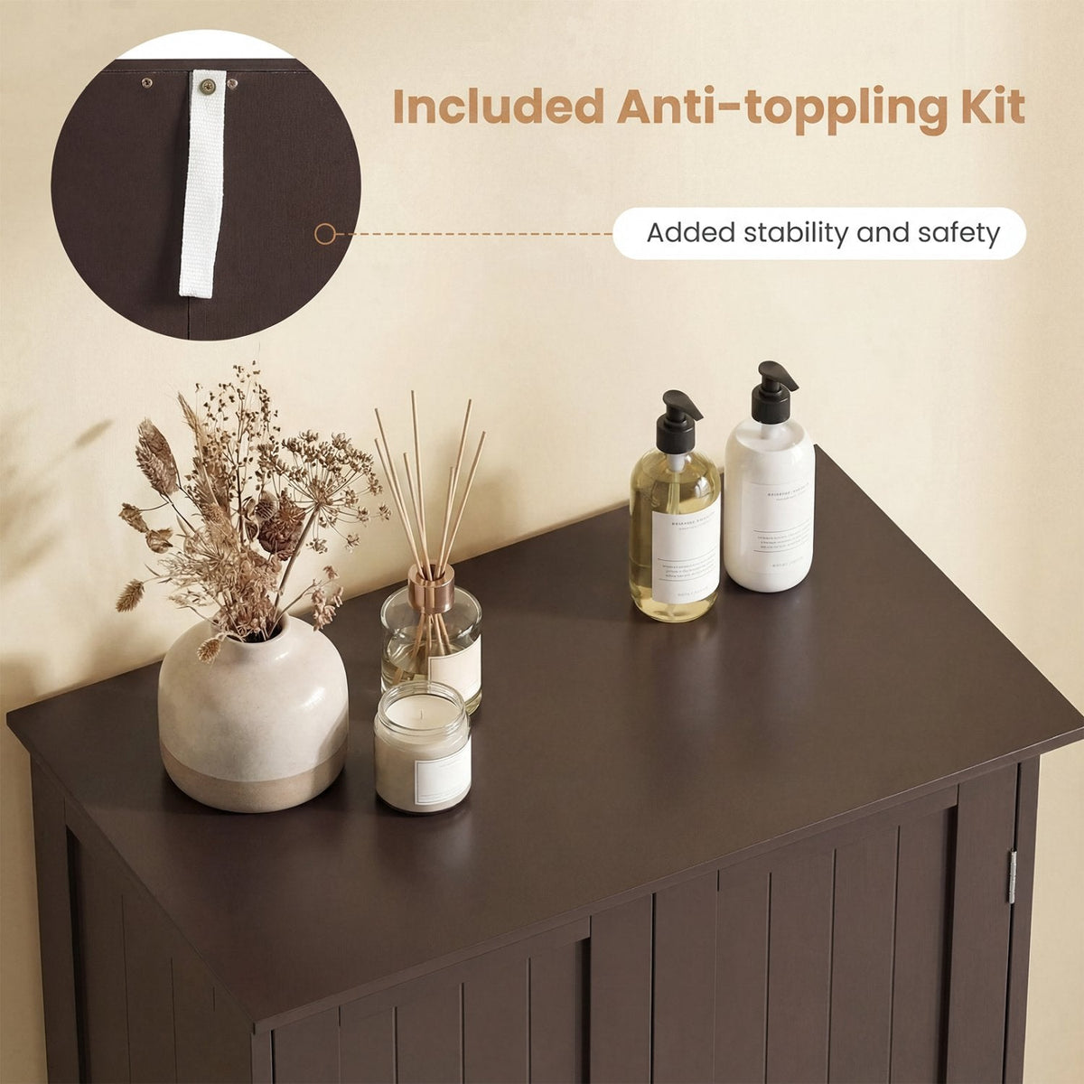 Bathroom Floor Storage Double Door Cupboard Cabinet-Brown
